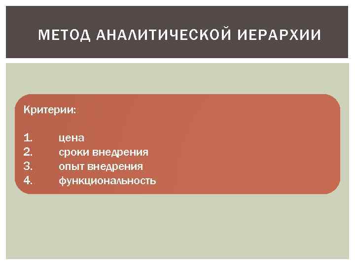 МЕТОД АНАЛИТИЧЕСКОЙ ИЕРАРХИИ Критерии: 1. 2. 3. 4. цена сроки внедрения опыт внедрения функциональность