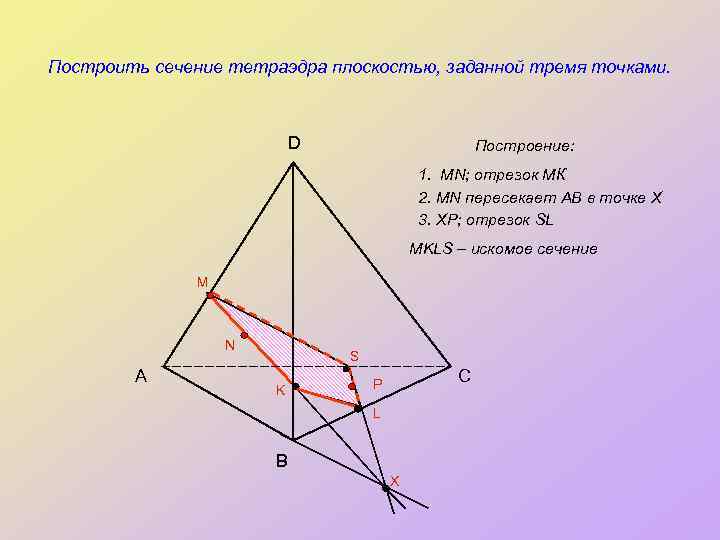 Построить сечение тетраэдра плоскостью, заданной тремя точками. D Построение: 1. MN; отрезок МК 2.