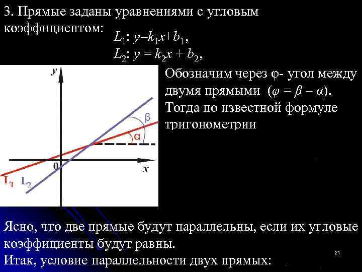 Угловой коэффициент между прямыми. Тангенс угла между прямыми через угловые коэффициенты. Угловой коэффициент прямой на плоскости. Угол между двумя прямыми через угловые коэффициенты. Прямые заданы уравнениями.