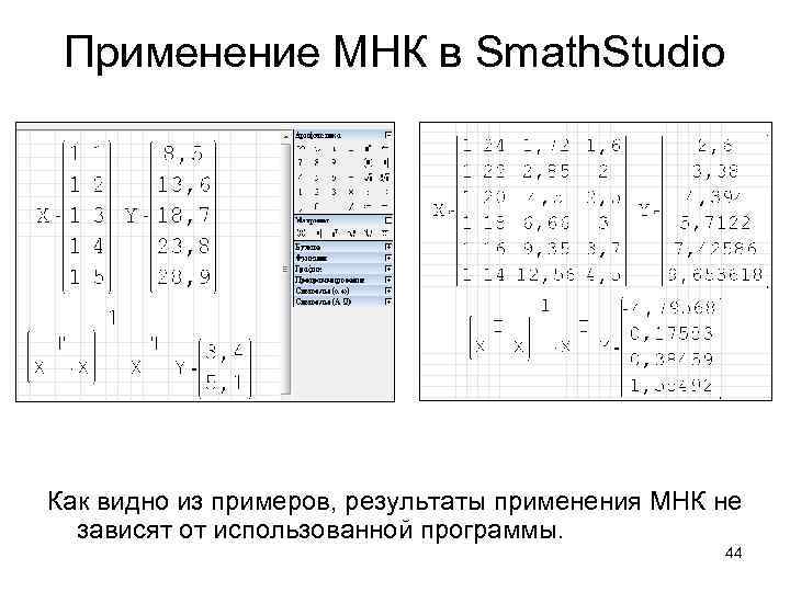 Применение МНК в Smath. Studio Как видно из примеров, результаты применения МНК не зависят
