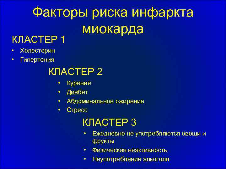 Факторы риска инфаркта миокарда КЛАСТЕР 1 • Холестерин • Гипертония КЛАСТЕР 2 • •