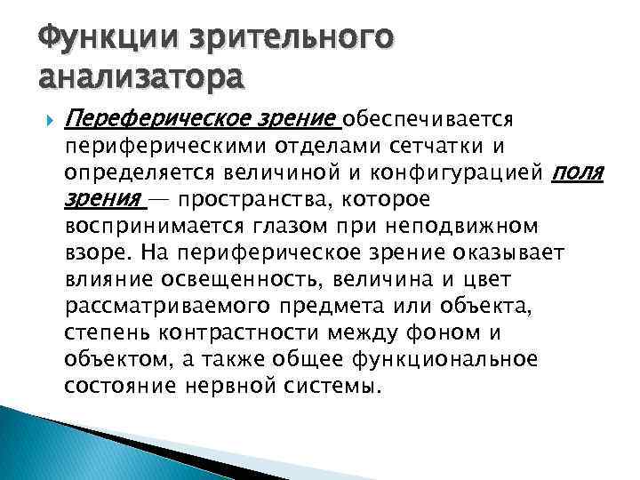 Функции зрительного анализатора Переферическое зрение обеспечивается периферическими отделами сетчатки и определяется величиной и конфигурацией