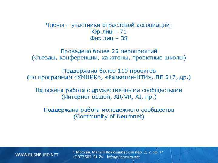 Члены – участники отраслевой ассоциации: Юр. лиц – 71 Физ. лиц – 38 Проведено