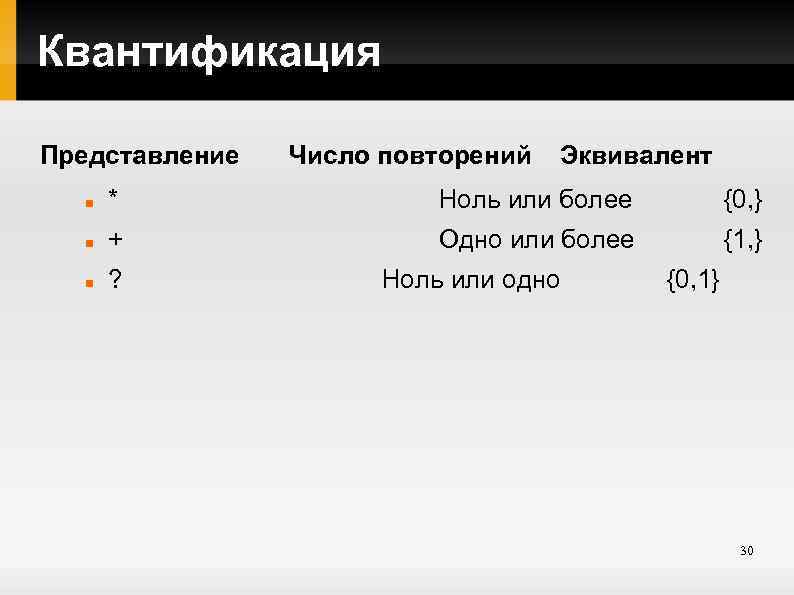 Квантификация Представление Число повторений Эквивалент * Ноль или более + Одно или более ?