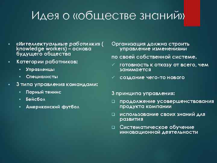 Идея о «обществе знаний» § § «Интеллектуальные работники» ( knowledge workers) – основа будущего