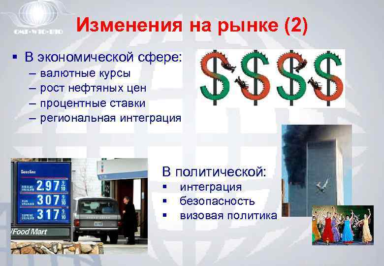 Изменения на рынке (2) § В экономической сфере: – – валютные курсы рост нефтяных