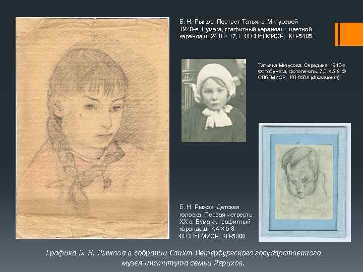 Б. Н. Рыжов. Портрет Татьяны Митусовой 1920 -е. Бумага, графитный карандаш, цветной карандаш. 24,