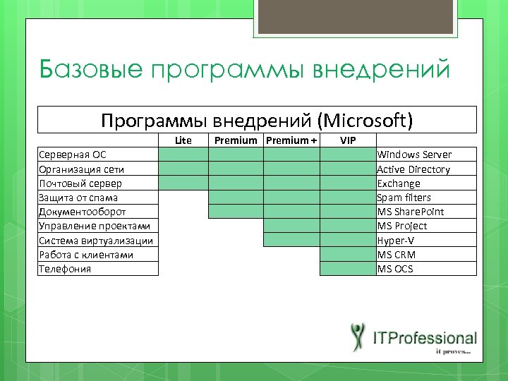 Базовые программы внедрений Программы внедрений (Microsoft) Lite Серверная ОС Организация сети Почтовый сервер Защита