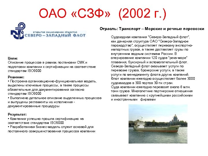 ОАО «СЗФ» (2002 г. ) Отрасль: Транспорт – Морские и речные перевозки Цели: Описание