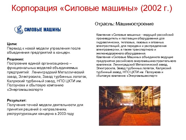 Корпорация «Силовые машины» (2002 г. ) Отрасль: Машиностроение Цели: Переход к новой модели управления