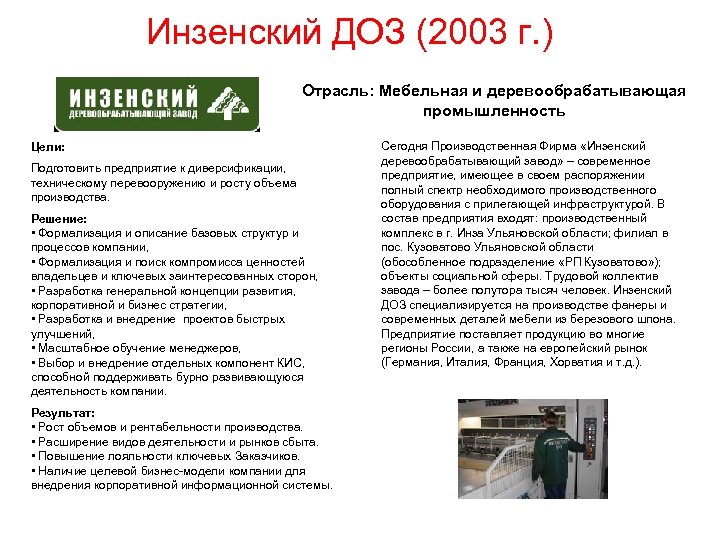 Инзенский ДОЗ (2003 г. ) Отрасль: Мебельная и деревообрабатывающая промышленность Цели: Подготовить предприятие к