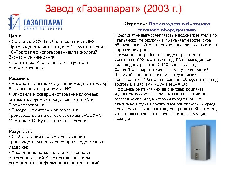 Завод «Газаппарат» (2003 г. ) Отрасль: Производство бытового газового оборудования Цели: • Создание ИСУП