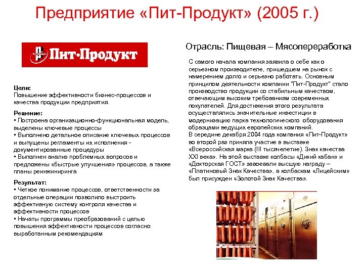 Предприятие «Пит-Продукт» (2005 г. ) Отрасль: Пищевая – Мясопереработка Цели: Повышение эффективности бизнес-процессов и