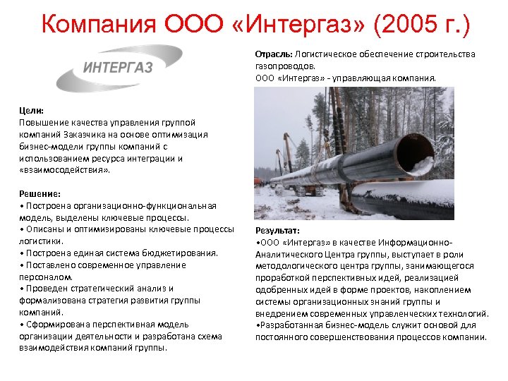 Компания ООО «Интергаз» (2005 г. ) Отрасль: Логистическое обеспечение строительства газопроводов. ООО «Интергаз» -
