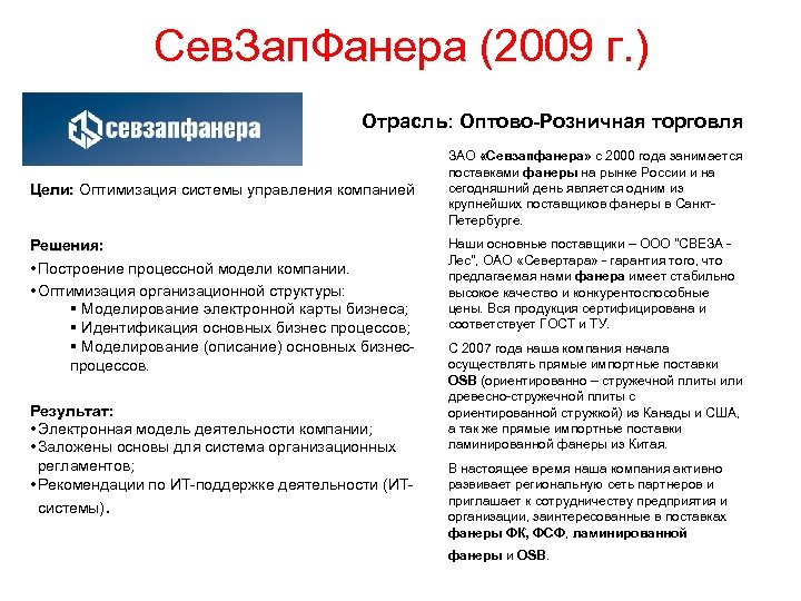 Сев. Зап. Фанера (2009 г. ) Отрасль: Оптово-Розничная торговля Цели: Оптимизация системы управления компанией