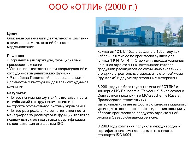 ООО «ОТЛИ» (2000 г. ) Цели: Описание организации деятельности Компании с применением технологий бизнесмоделирования
