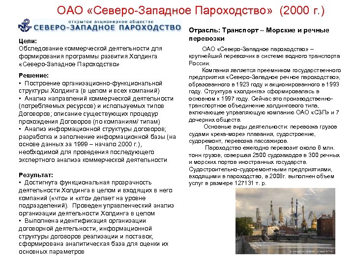 ОАО «Северо-Западное Пароходство» (2000 г. ) Цели: Обследование коммерческой деятельности для формирования программы развития