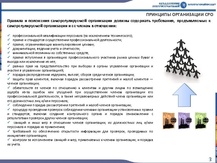  ПРИНЦИПЫ ОРГАНИЗАЦИИ СРО Правила и положения саморегулируемой организации должны содержать требования, предъявляемые к