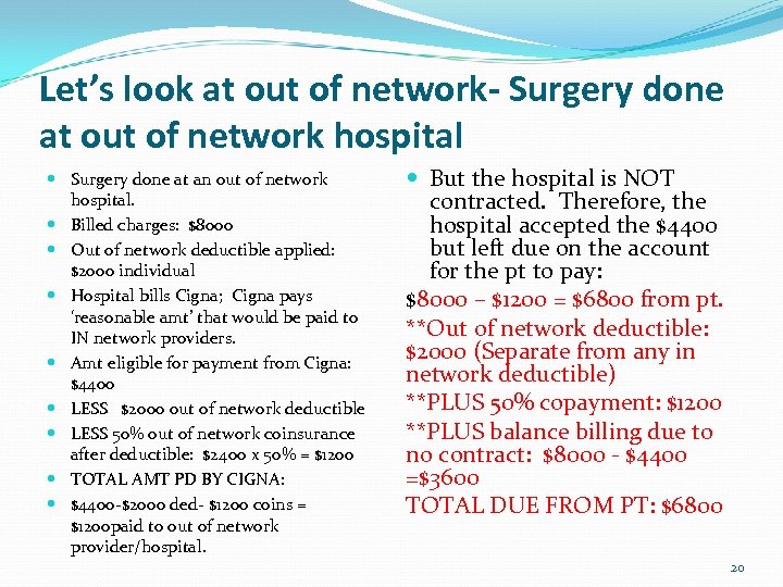 Let’s look at out of network- Surgery done at out of network hospital Surgery