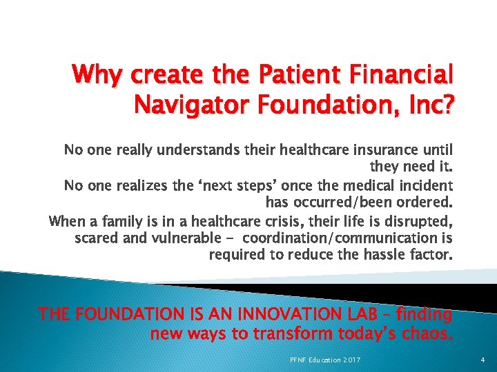 Why create the Patient Financial Navigator Foundation, Inc? No one really understands their healthcare