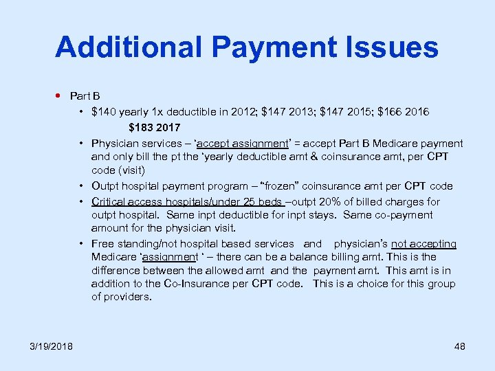 Additional Payment Issues Part B • $140 yearly 1 x deductible in 2012; $147