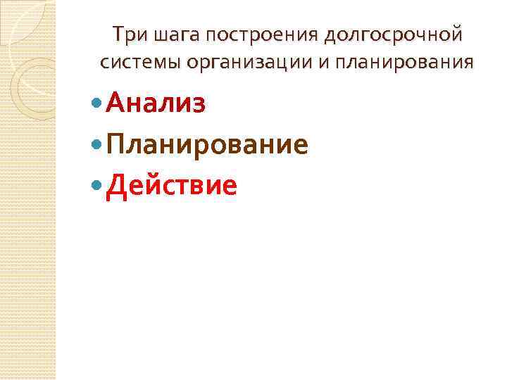 Три шага построения долгосрочной системы организации и планирования Анализ Планирование Действие 