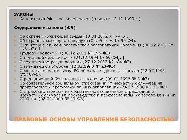 ЗАКОНЫ Конституция РФ — основной закон (принята 12. 1993 г. ). Федеральные законы (ФЗ)