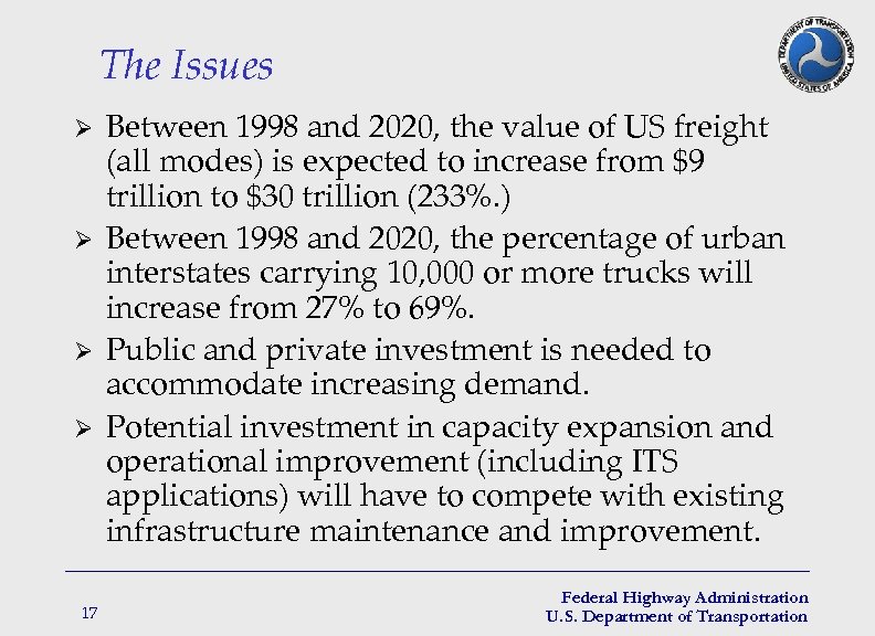 The Issues Ø Ø 17 Between 1998 and 2020, the value of US freight