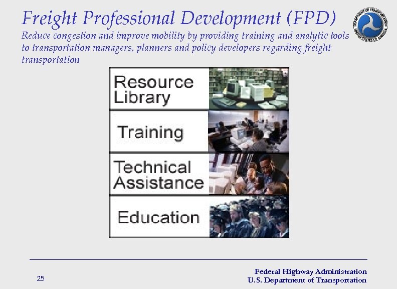 Freight Professional Development (FPD) Reduce congestion and improve mobility by providing training and analytic