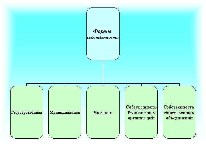 Формы собственности Государственная Муниципальная Частная Собственность Религиозных организаций Собственность общественных объединений 