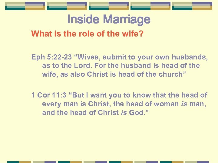 Inside Marriage What is the role of the wife? Eph 5: 22 -23 “Wives,