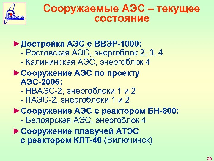 Сооружаемые АЭС – текущее состояние ►Достройка АЭС с ВВЭР-1000: - Ростовская АЭС, энергоблок 2,