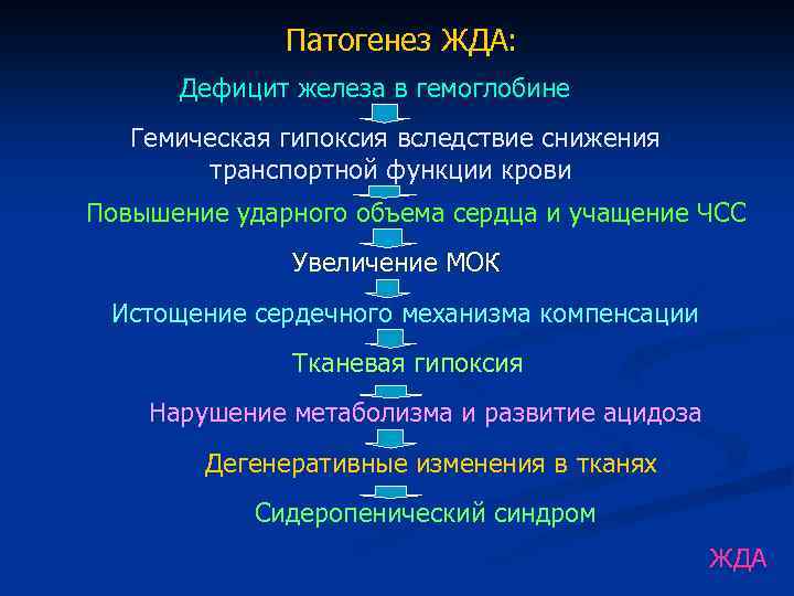 Патогенез ЖДА: Дефицит железа в гемоглобине Гемическая гипоксия вследствие снижения транспортной функции крови Повышение