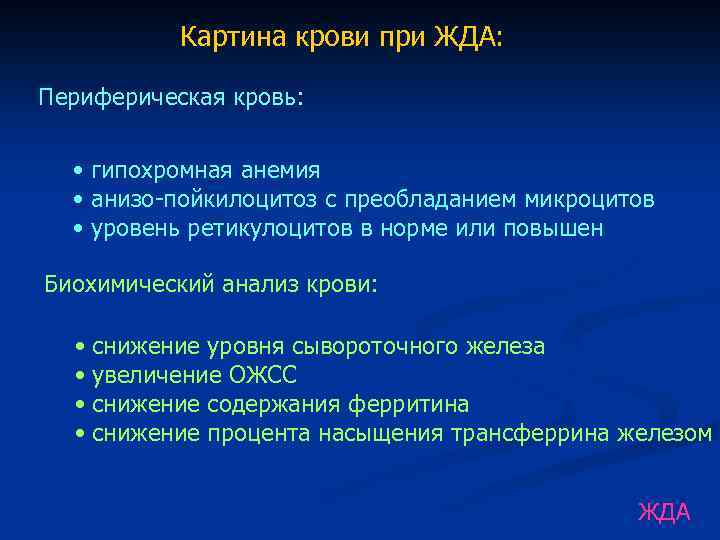 Картина крови при ЖДА: Периферическая кровь: • гипохромная анемия • анизо-пойкилоцитоз с преобладанием микроцитов