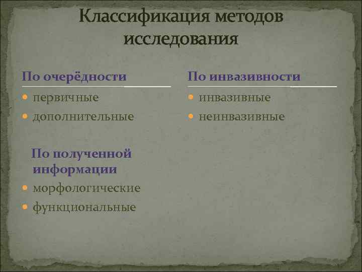 Классификация методов исследования По очерёдности По инвазивности первичные инвазивные дополнительные неинвазивные По полученной информации