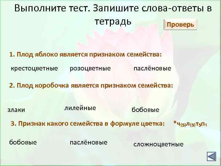 Выполните тест. Запишите слова-ответы в тетрадь Проверь 1. Плод яблоко является признаком семейства: крестоцветные