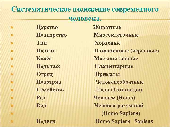 Систематическое положение современного человека. Царство Подцарство Тип Подтип Класс Подкласс Отряд Подотряд Семейство Род