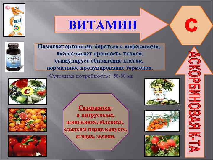 ВИТАМИН Помогает организму бороться с инфекциями, обеспечивает прочность тканей, стимулирует обновление клеток, нормальное продуцирование