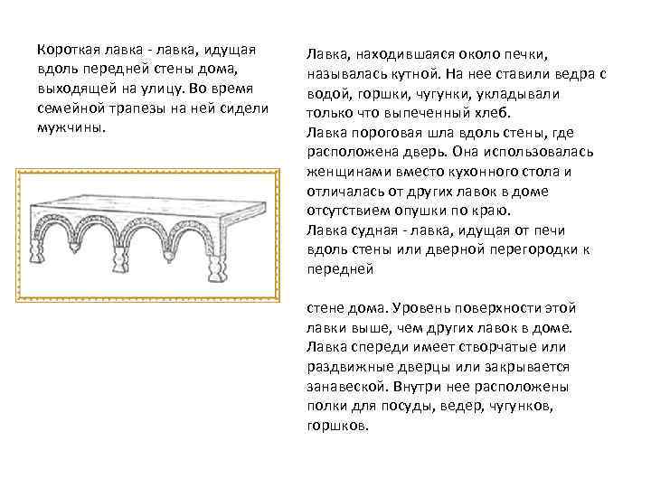 Короткая лавка - лавка, идущая вдоль передней стены дома, выходящей на улицу. Во время