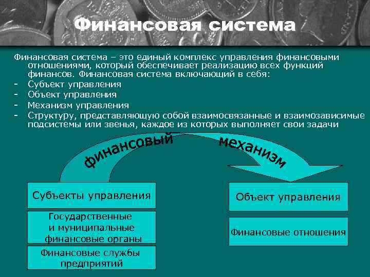 Финансовая система – это единый комплекс управления финансовыми отношениями, который обеспечивает реализацию всех функций