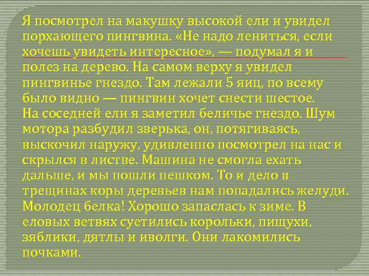 Я посмотрел на макушку высокой ели и увидел порхающего пингвина. «Не надо лениться, если