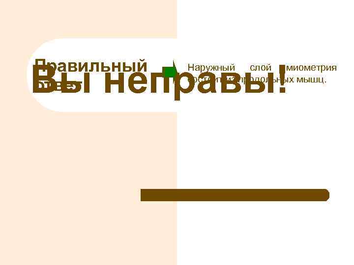 Правильный ответ Вы неправы! Наружный слой миометрия состоит из продольных мышц. 