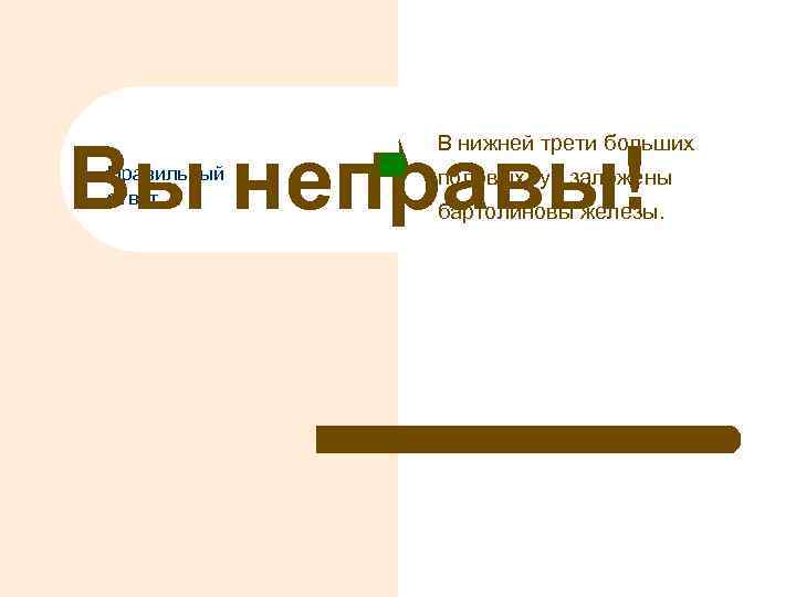 Вы неправы! В нижней трети больших Правильный ответ половых губ заложены бартолиновы железы. 