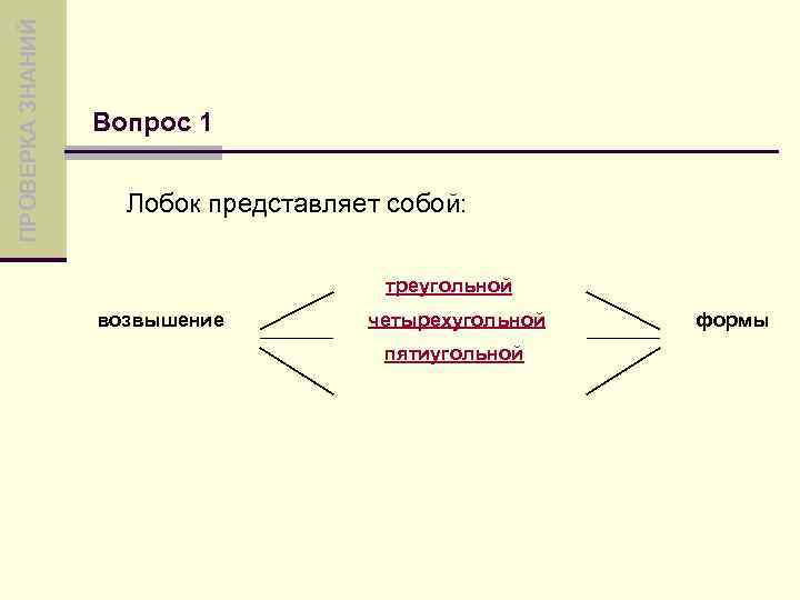 ПРОВЕРКА ЗНАНИЙ Вопрос 1 Лобок представляет собой: треугольной возвышение четырехугольной пятиугольной формы 