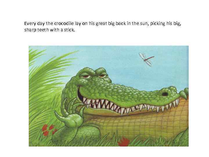 Every day the crocodile lay on his great big back in the sun, picking