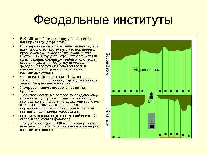 Феодальные институты • • В XI-XIII вв. в Германии получает развитие сеньория (грундгершафт). Суть