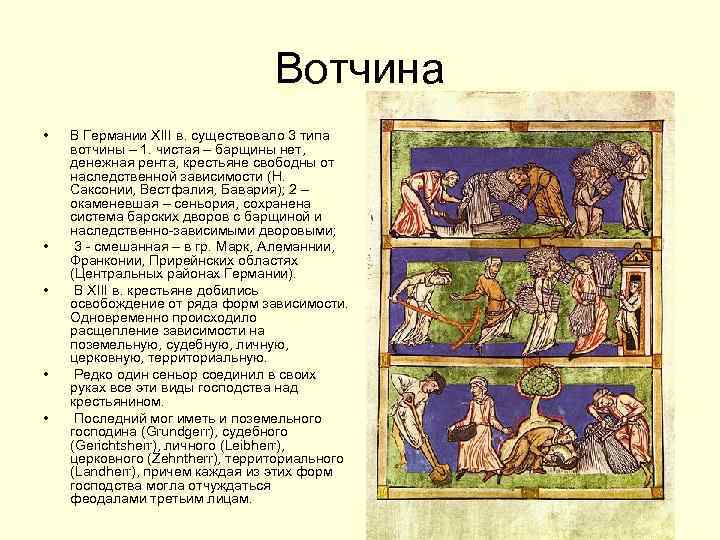 Вотчина • • • В Германии XIII в. существовало 3 типа вотчины – 1.