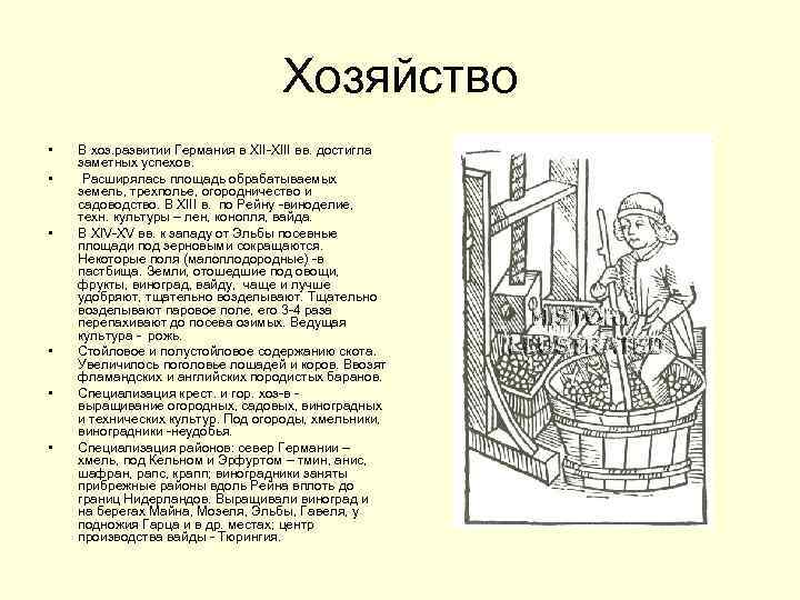 Хозяйство • • • В хоз. развитии Германия в XII-XIII вв. достигла заметных успехов.