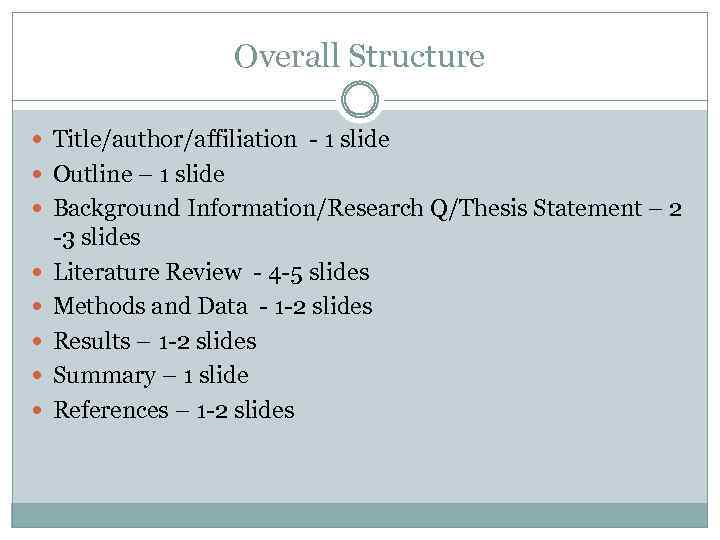 Overall Structure Title/author/affiliation - 1 slide Outline – 1 slide Background Information/Research Q/Thesis Statement