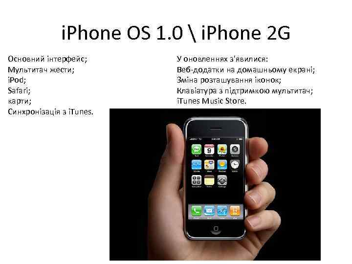 i. Phone OS 1. 0  i. Phone 2 G Основний інтерфейс; Мультитач жести;